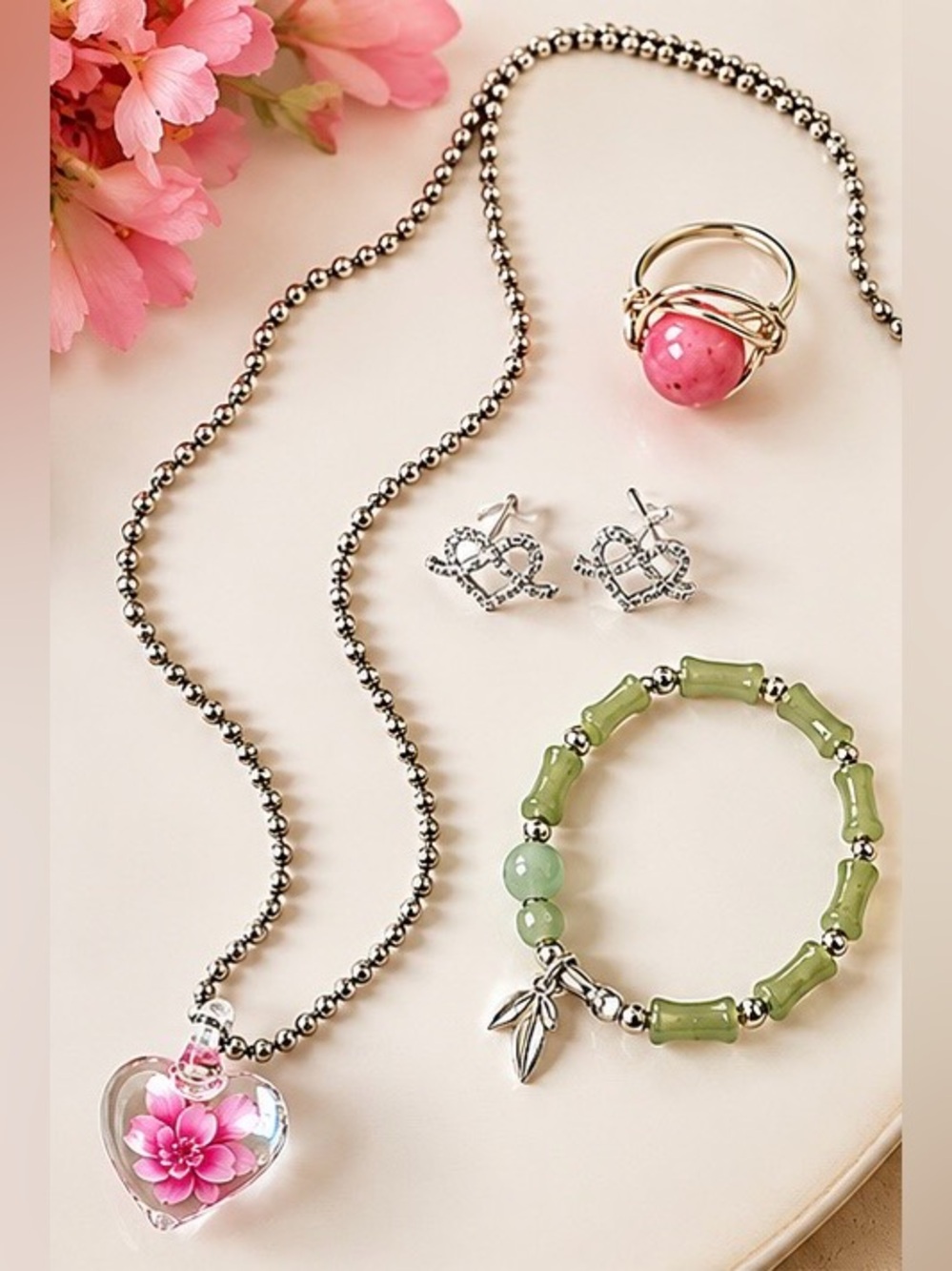 💗Mixed Jewelry Bundle | Glass Pendant, Heart Earrings,Beaded Bracelet & Ring 💗✨